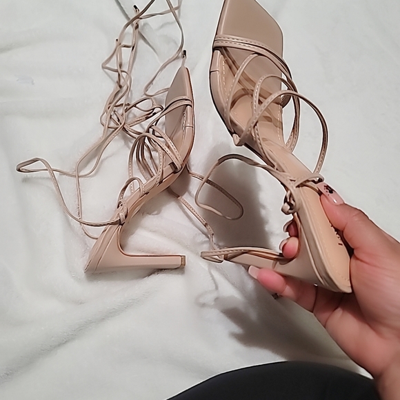 Square Toe Strappy Lace Up Mid Heel Sandal in Nude - Picture 8 of 8